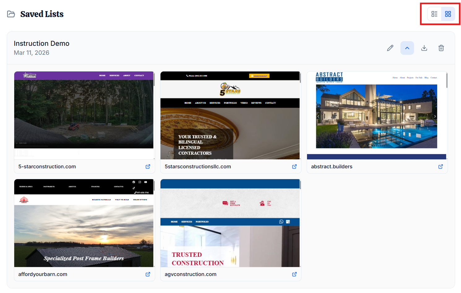 Search results in list view